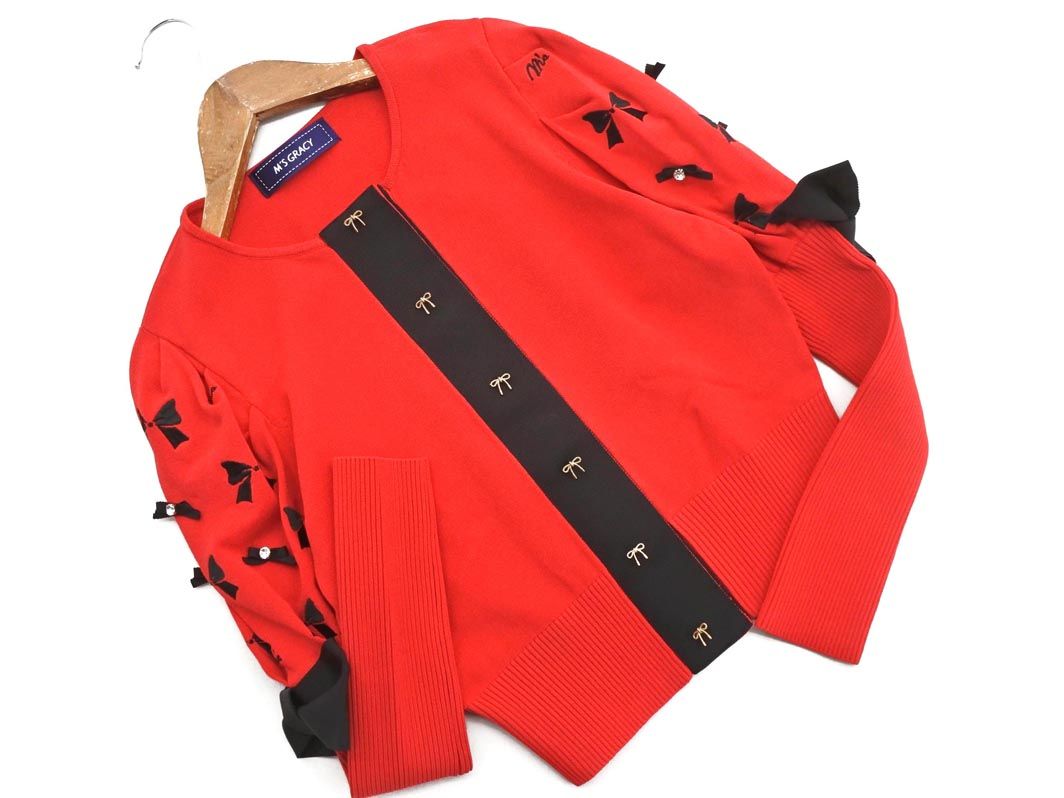 エムズグレイシー カーディガン 38 赤×黒リボン 金ボタン風 スナップ