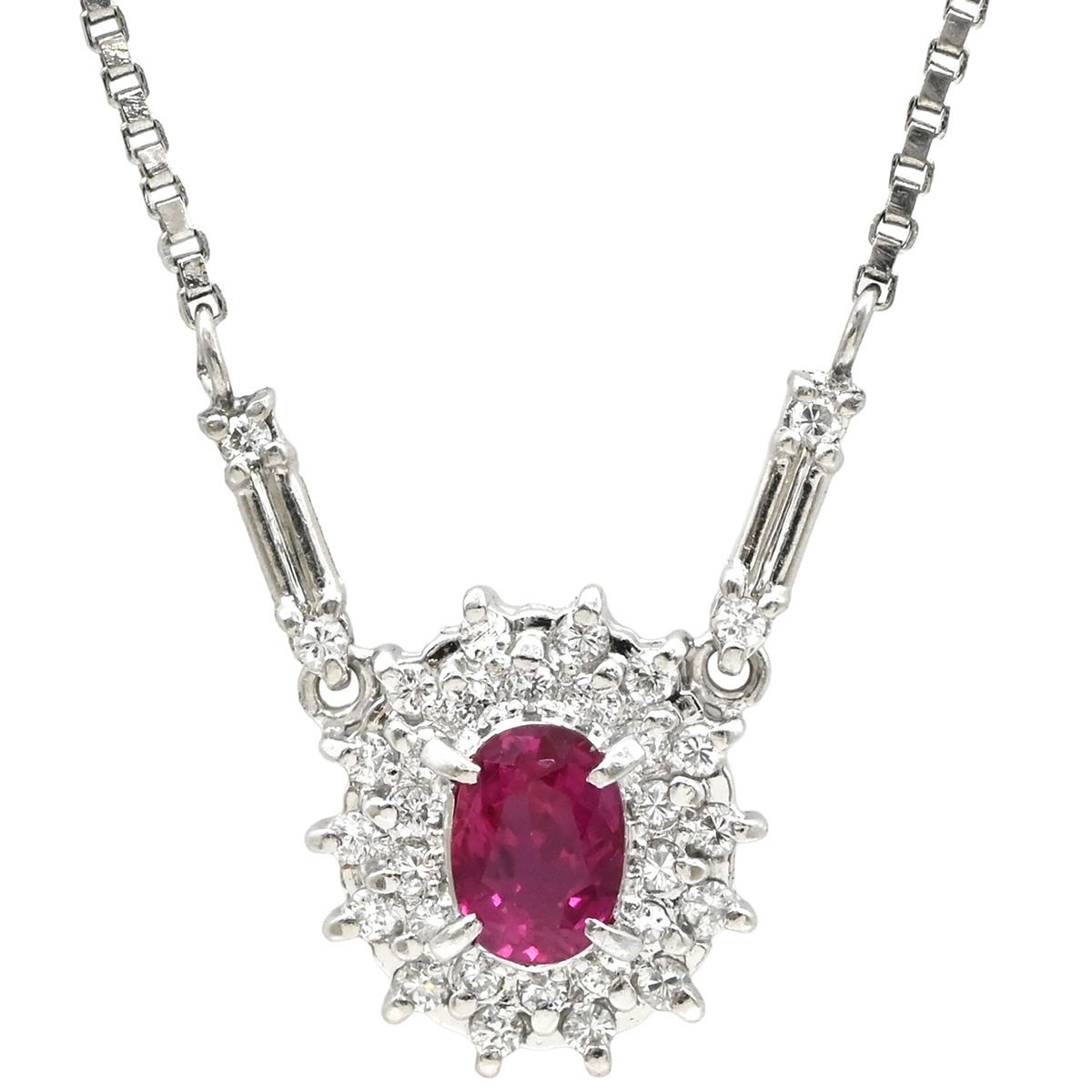 ネックレス ルビー 0.52 ct ダイヤモンド ペンダント プラチナシルバー 赤 1石 1粒 オーバルカット メレダイヤ プラチナ ベネチアンチェーン