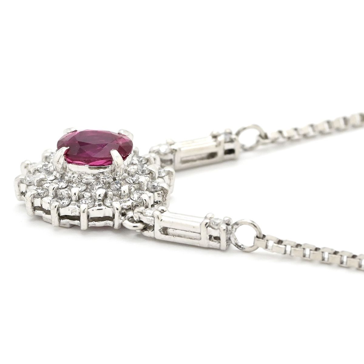 ネックレス ルビー 0.52 ct ダイヤモンド ペンダント プラチナシルバー 赤 1石 1粒 オーバルカット メレダイヤ プラチナ ベネチアンチェーン ホワイト系 ネックレス 
