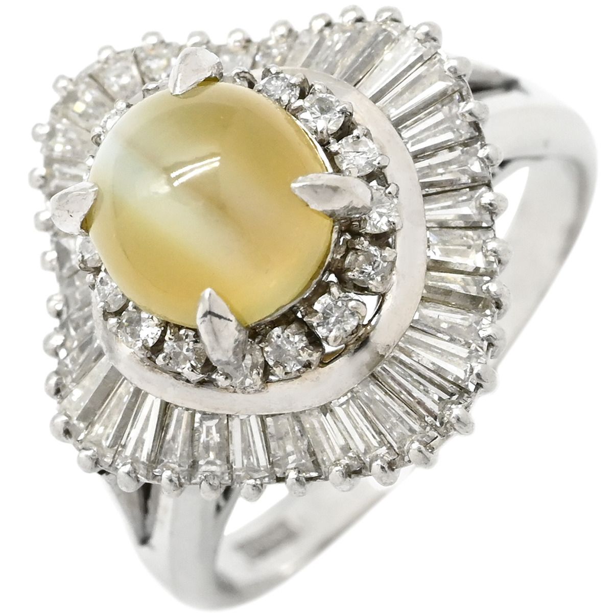 リング 指輪 クリソベリル キャッツアイ ダイヤ プラチナシルバー 猫目石 2.25 ctct プラチナム PT ダイヤモンド オーバル 15号