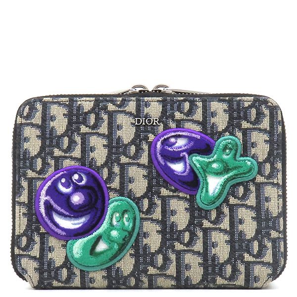 クリスチャン ディオール Christian Dior ショルダーバッグ オブリーク ケニー シャーフ レザー ジャガード ネイビー×ベージュ シルバー金具 黒 オブリークジャガード 保存袋