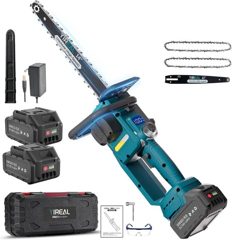 チェーンソー 電動ノコギリ 山本造園会社監修 14インチ-12インチ 高速電動チェーンソー PSE認証済 ブラシレスモーター搭載 高切断力 軽量コンパクト 自動給油 工具不要 4.0 Ah残量表示バッテリー付 マキタ18 Vバッテリー対応可 電動のこぎり