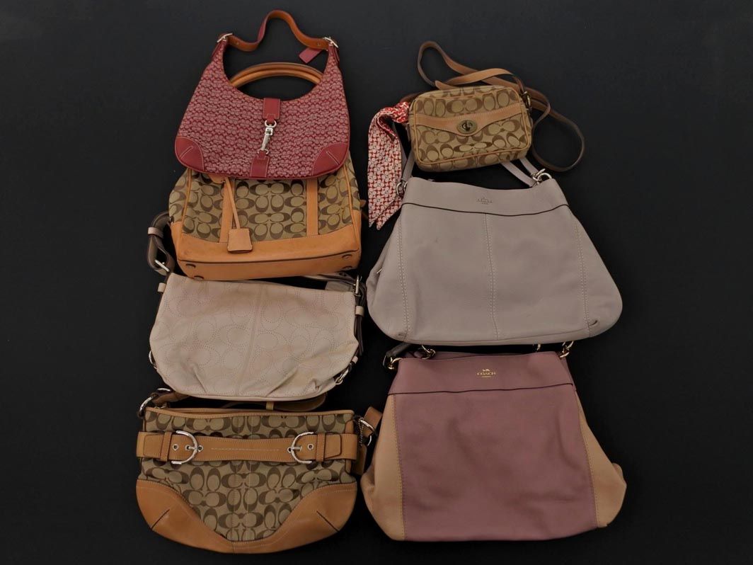 COACH コーチ バッグ 本革 レザー キャンバス シグネチャー 7点 セット まとめ ベージュｘ赤ｘピンク ◎レディース