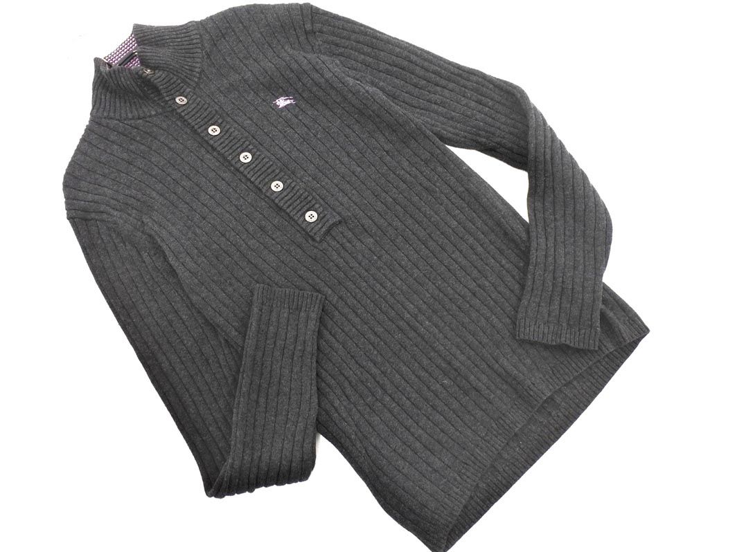 BLACK LABEL バーバリーブラックレーベル ウール混 ハイネック ハーフボタン ニット セーター size 2|グレー ◎メンズ