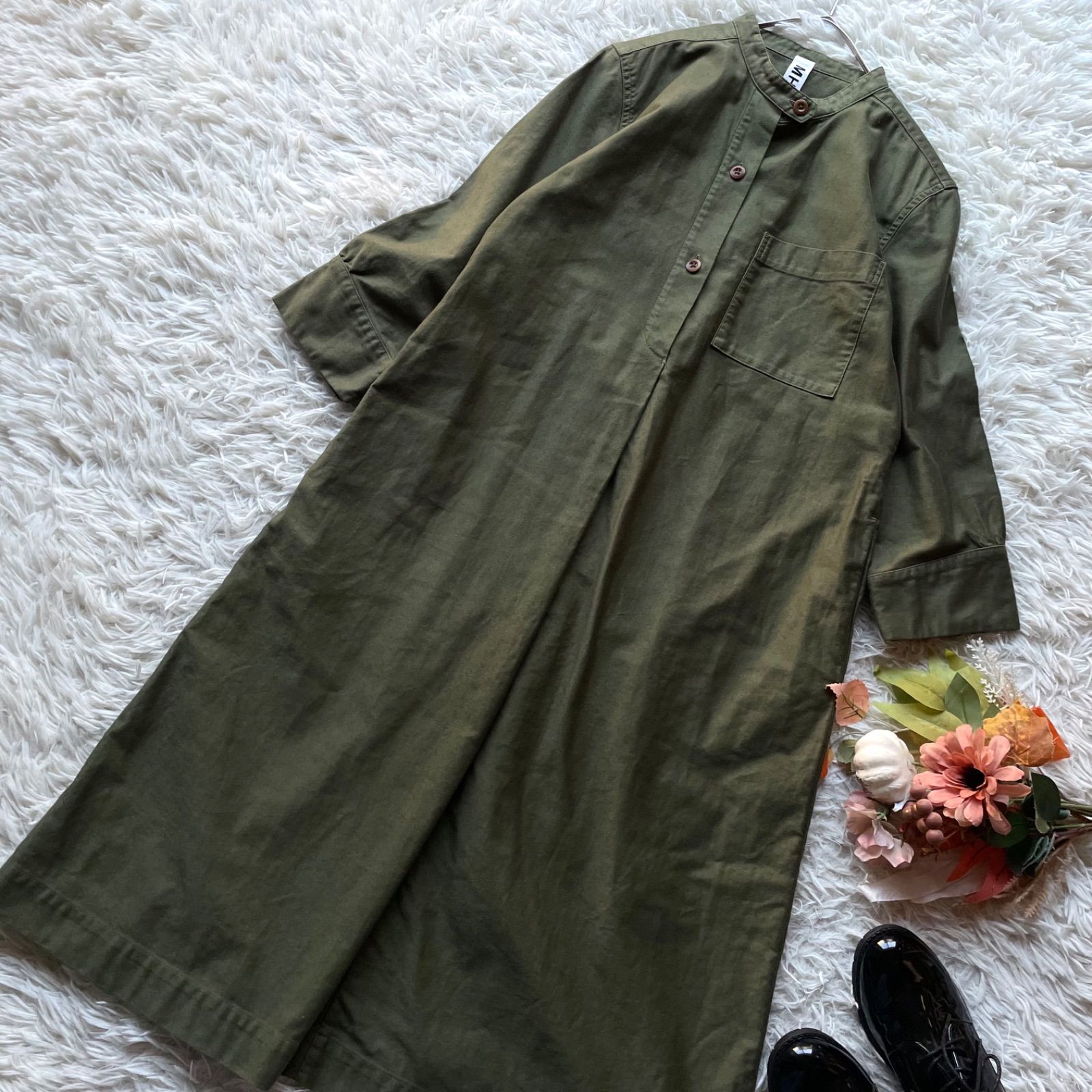 【MARGARET HOWELL】綿100% バンドカラーロングシャツワンピース MHL. MARGARET HOWELL マーガレットハウエル 美品 バンドカラーシャツ