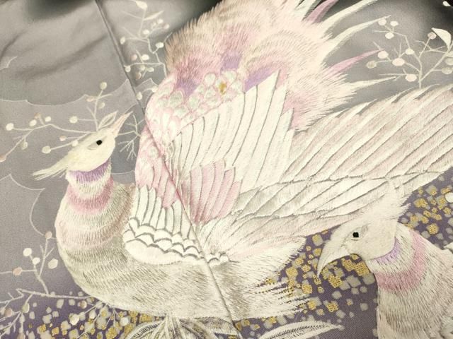 平和屋着物▽豪華黒留袖 総刺繍 尾長鳥 暈し染め 金彩 正絹 逸品