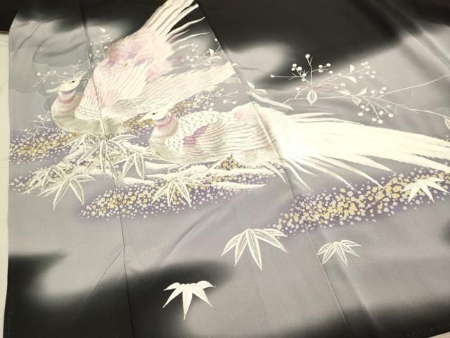 平和屋着物▽豪華黒留袖 総刺繍 尾長鳥 暈し染め 金彩 正絹 逸品