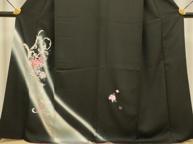 平和屋着物▽訪問着 刺繍 草花文 黒地 銀糸 正絹 逸品 DABA8528du