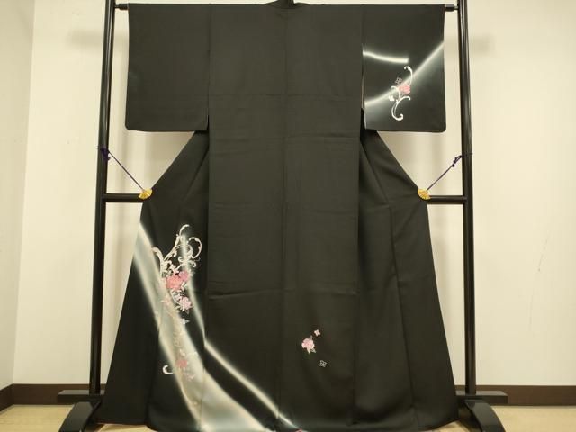 平和屋着物▽訪問着 刺繍 草花文 黒地 銀糸 正絹 逸品 DABA8528du