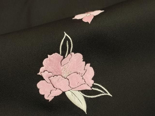 平和屋着物▽訪問着 刺繍 草花文 黒地 銀糸 正絹 逸品 DABA8528du