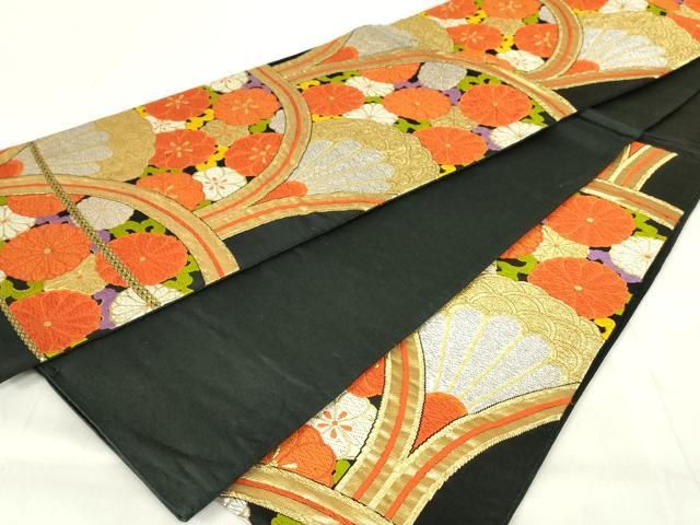 平和屋着物◎六通柄袋帯 唐織 花青海波 黒地 金銀糸 正絹 逸品