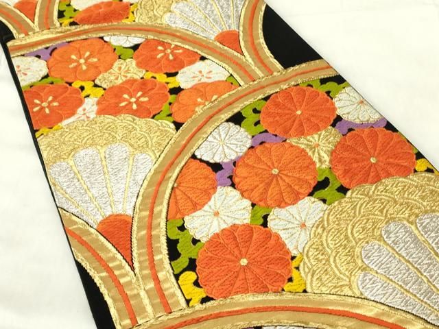 平和屋着物◎六通柄袋帯 唐織 花青海波 黒地 金銀糸 正絹 逸品