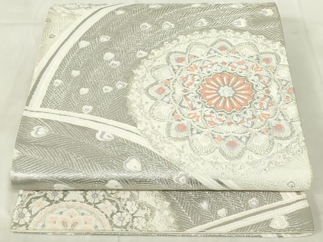 試着程度極美品❣️高級六通 袋帯 　花柄孔雀模様　正絹 平和屋着物◎六通柄袋帯 正倉院孔雀花文 銀糸 正絹 逸品 DABA5881qp
