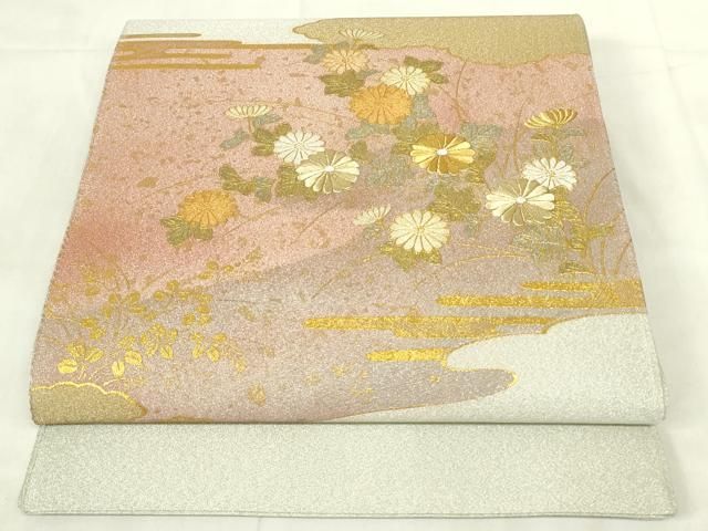 平和屋着物◎明綴れ 太鼓柄袋帯 刺繍 雲取り花文 金糸 正絹 逸品