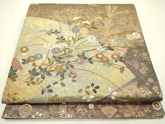 平和屋着物◎太鼓柄袋帯 錦秋蒔花篭文 金糸 正絹 逸品 DABA6593op