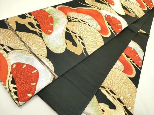 平和屋着物◎六通柄袋帯 唐織 枝松 黒地 金銀糸 正絹 逸品 DABA6597op