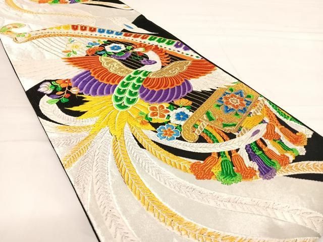 平和屋着物◎六通柄袋帯 唐織 花喰い鳥 鳳凰 黒地 金銀糸 正絹 逸品