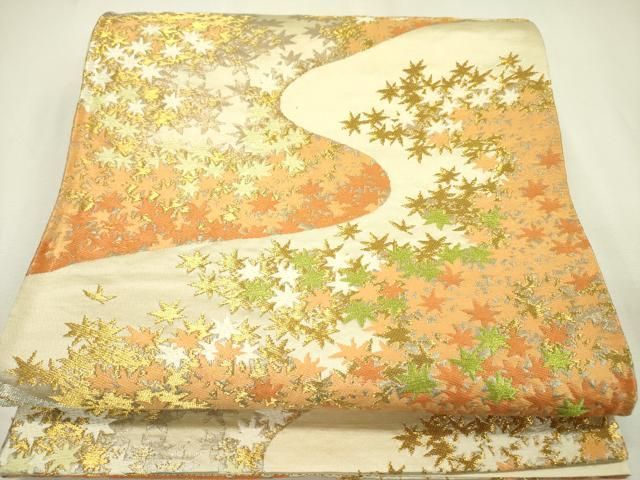 平和屋着物◎六通柄袋帯 唐織 流水楓文 金糸 正絹 逸品 DABA6607op