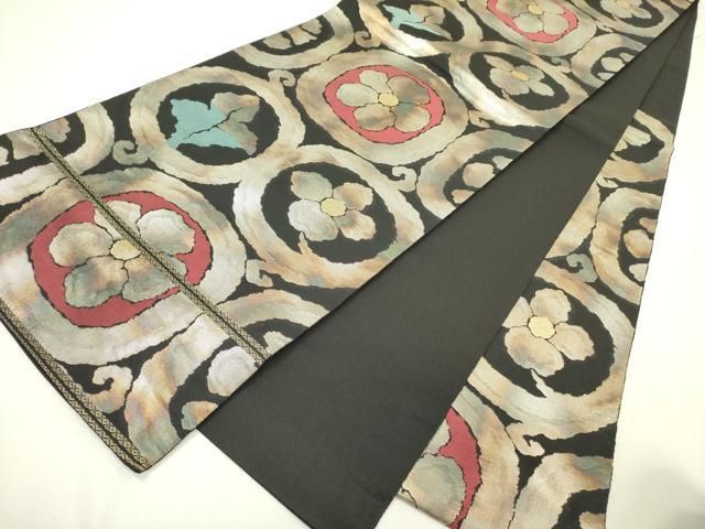 平和屋着物◎西陣 服部織物謹製 六通柄袋帯 こはく錦 花丸文 黒地 金糸