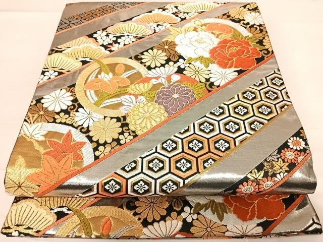 平和屋着物◎六通柄袋帯 唐織 隆昌花丸文 黒地 金銀糸 正絹 逸品