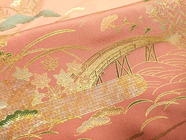 平和屋着物□訪問着 渡橋風景花文 金糸 正絹 逸品 未使用 DABA8634du