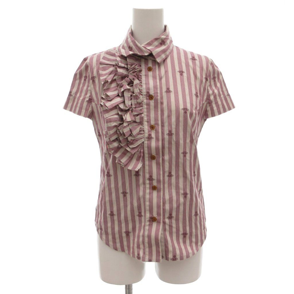 ヴィヴィアンウエストウッドレッドレーベル Vivienne Westwood RED LABEL ストライプシャツ ブラウス 1 半袖 フリル オーブロゴ 紫 パープル 白 ホワイト |GV GY 99