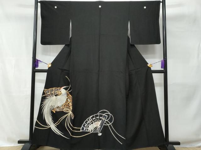平和屋着物□豪華黒留袖 刺繍 尾長鶏檜扇花文 金銀糸 正絹 逸品