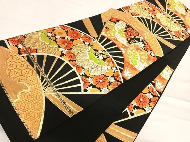 平和屋着物◎六通柄袋帯 唐織 扇面花文 黒地 金糸 正絹 逸品