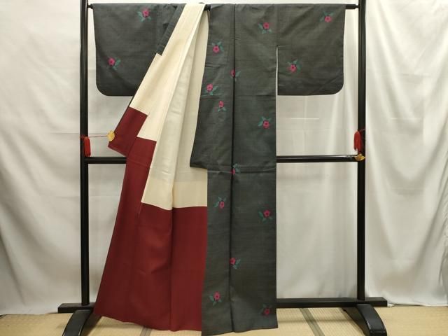 平和屋着物□本場結城紬 重要無形文化財 7マルキ 草花 正絹 逸品