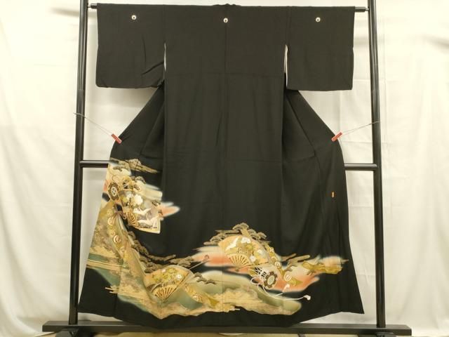 平和屋着物□豪華黒留袖 作家物 駒刺繍 扇面飛鶴草花文 暈し染め 金彩