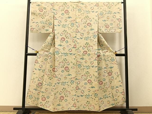 平和屋着物▽上質な紬 単衣 菊楓文 正絹 hj