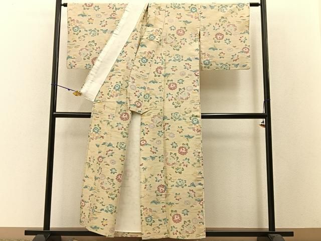  平和屋着物▽上質な紬 単衣 菊楓文 正絹 hj 紬 着物