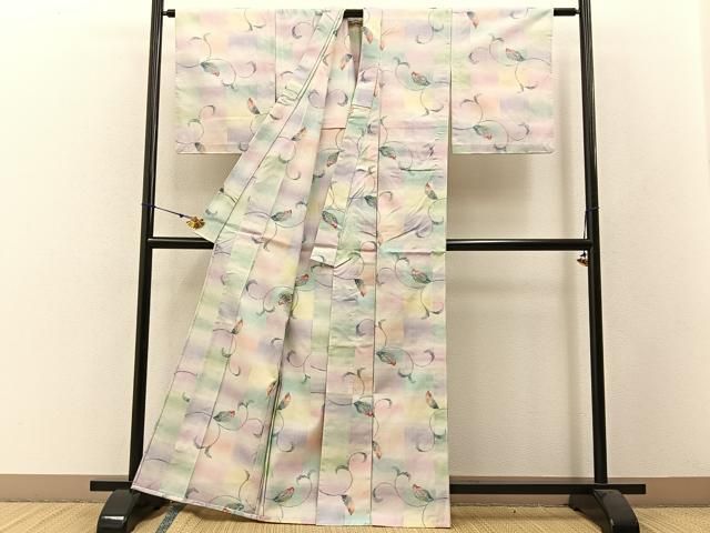 平和屋着物▽小千谷本真綿紬 単衣 草葉文 証紙付き 正絹 逸品 未使用