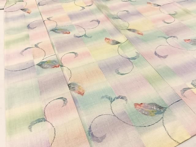  平和屋着物▽小千谷本真綿紬 単衣 草葉文 証紙付き 正絹 ♥ hj 紬 着物