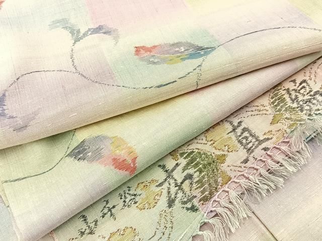 平和屋着物▽小千谷本真綿紬 単衣 草葉文 証紙付き 正絹 ♥ hj