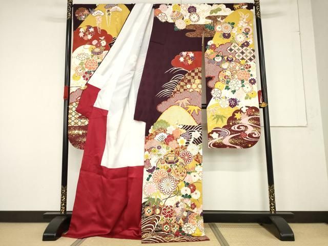 平和屋着物●豪華振袖 駒刺繍 貝桶花毬文 金彩 ロング丈 正絹 ck