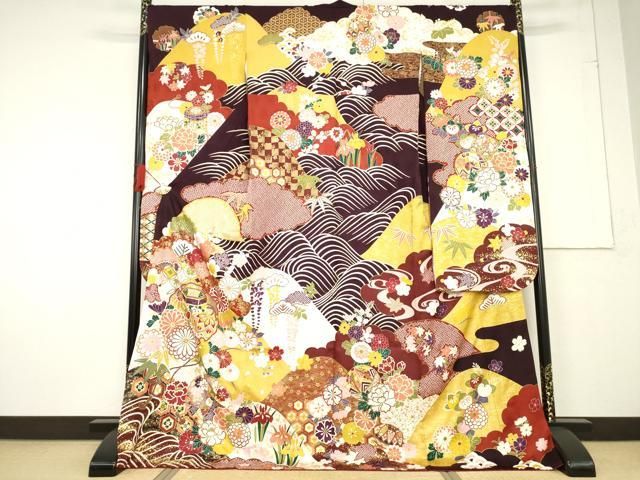 平和屋着物●豪華振袖 駒刺繍 貝桶花毬文 金彩 ロング丈 正絹 ck