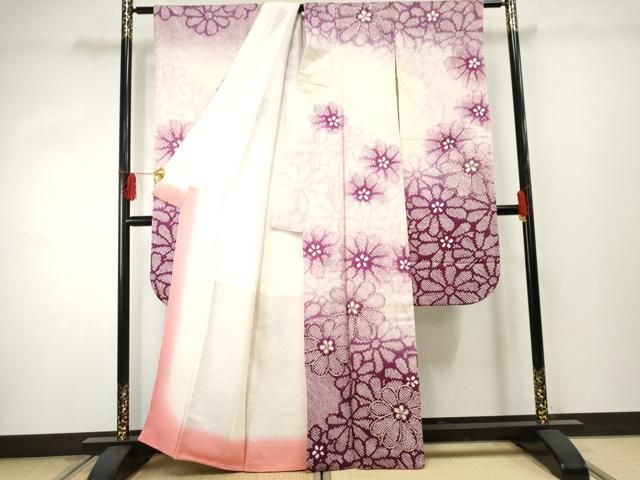 平和屋着物●豪華振袖 総絞り 駒刺繍 舞花文 暈し染め 正絹 cs