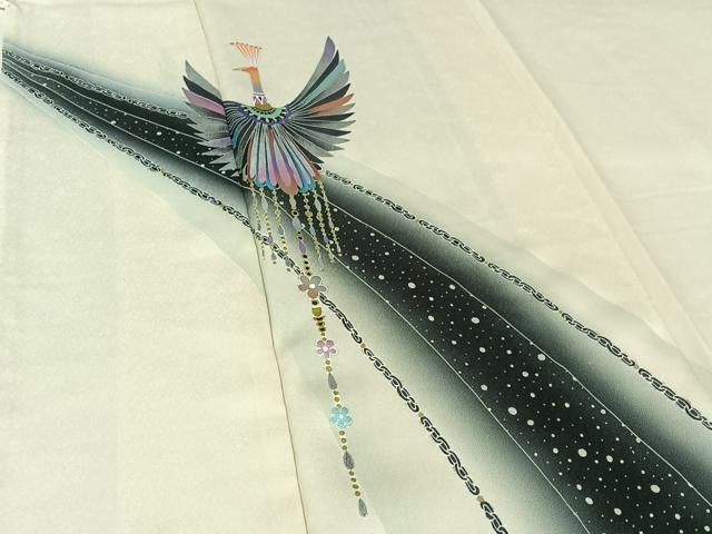 平和屋着物▽訪問着 単衣 飛鶴花文 暈し染め 金銀彩 ロング丈 正絹