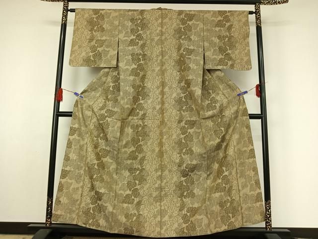 平和屋着物▽上質な紬 単衣 草葉文 正絹 jh