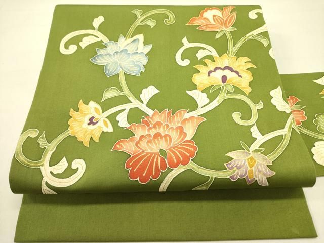 平和屋着物○塩瀬 九寸名古屋帯 更紗花唐草文 金彩 正絹 逸品