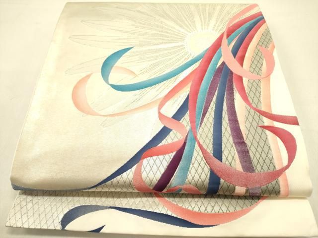 平和屋着物●現代の憂氣世絵師 米倉斉加年 太鼓柄袋帯 鬘帯菊文 銀糸 正絹 op