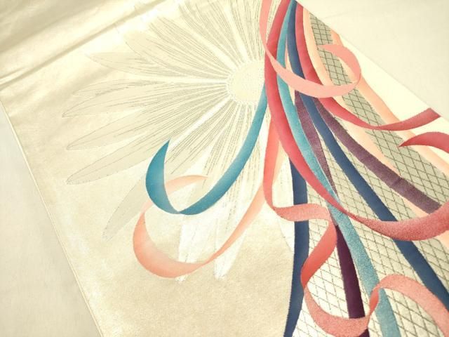 平和屋着物●現代の憂氣世絵師 米倉斉加年 太鼓柄袋帯 鬘帯菊文 銀糸 正絹 op