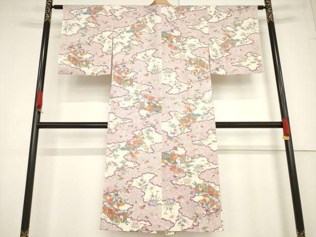 平和屋着物●長襦袢 単衣 型染め 風景花文 正絹 ck