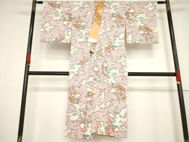 平和屋着物●長襦袢 単衣 型染め 風景花文 正絹 ck