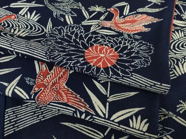 平和屋着物●浦野理一　型染　小紋　流水花鳥文　正絹　逸品　AABF2903ck 平和屋着物○浦野理一 型染 小紋 流水花鳥文 正絹 逸品 AABF2903ck