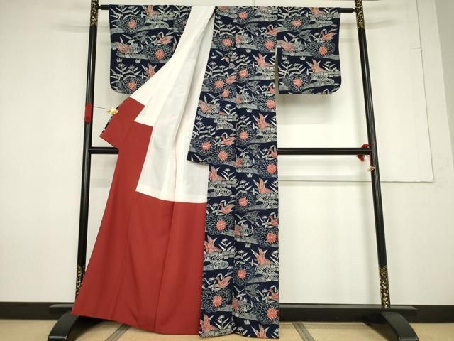 平和屋着物○浦野理一 型染 小紋 流水花鳥文 正絹 逸品 AABF2903ck