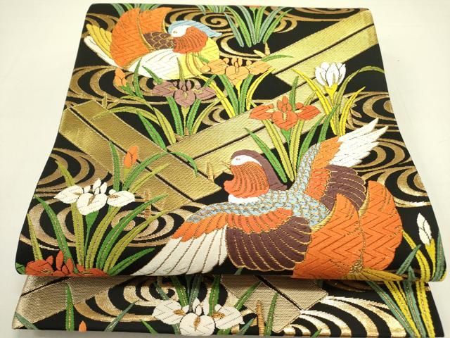 平和屋着物○六通柄袋帯 唐織 鴛鴦 杜若 カキツバタ 黒地 金糸 正絹