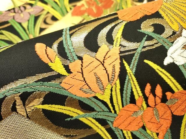 平和屋着物○六通柄袋帯 唐織 鴛鴦 杜若 カキツバタ 黒地 金糸 正絹