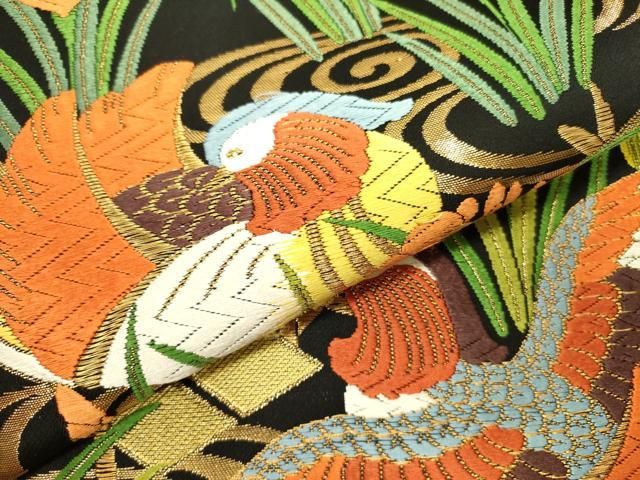 平和屋着物○六通柄袋帯 唐織 鴛鴦 杜若 カキツバタ 黒地 金糸 正絹